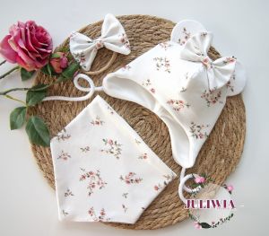 Komplet wiosenny czapka wiązana z uszkami z chustą