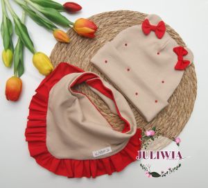 czapka miś z perełkami z dwustronną chustą z falbanką 