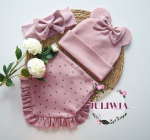 Komplet czapka z uszkami dwustronna chusta z falbanką