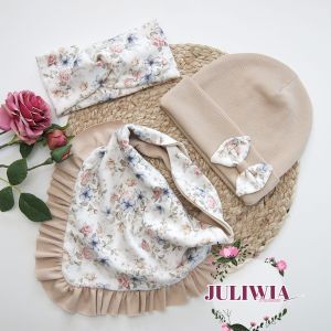 komplet 2w1  czapka z dwustronną chustą  beż