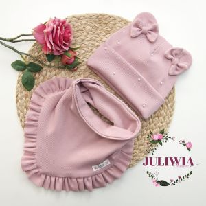 czapka z uszkami misia z perełkami chusta z falbanką